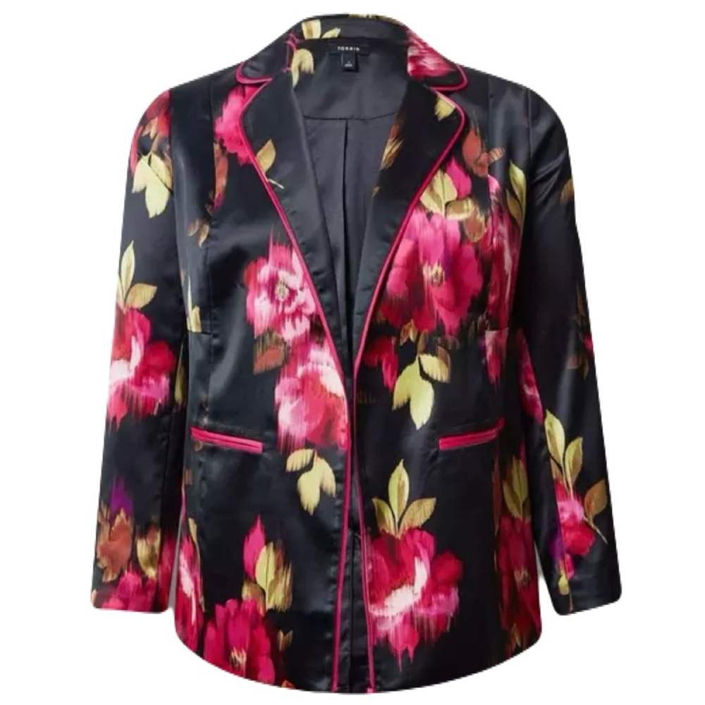 torrid Black Floral Satin Blazer with Pink and Yellow Accents